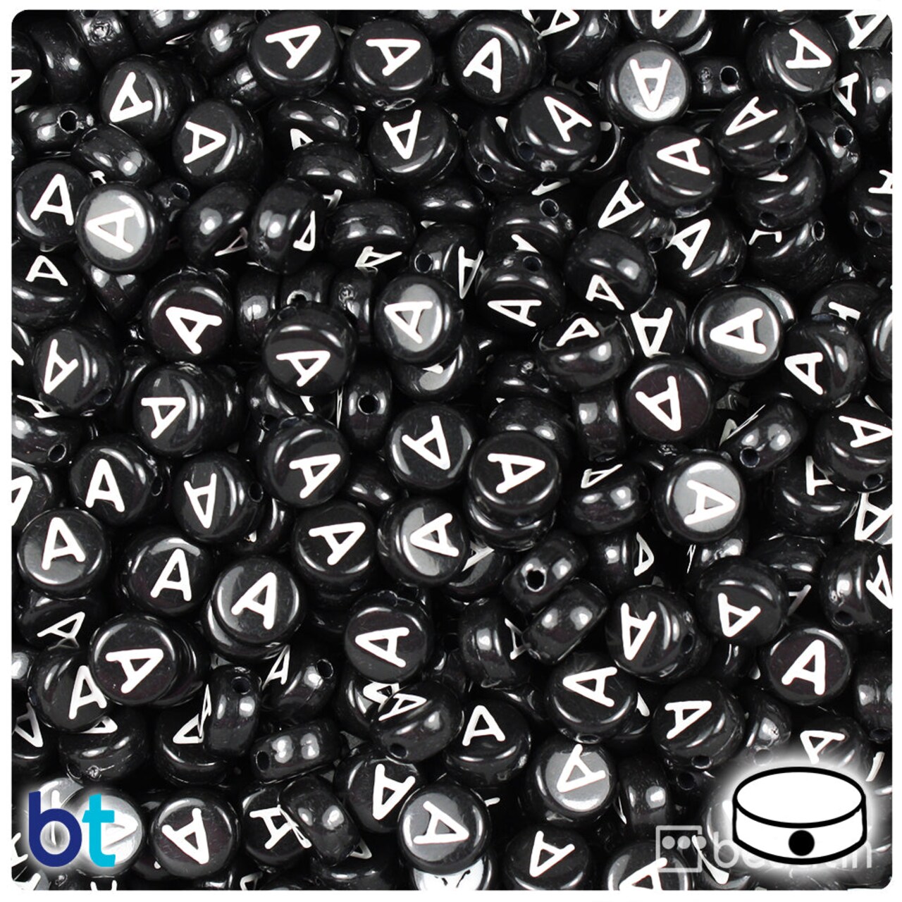 BeadTin Black Opaque 7mm Coin Plastic Alpha Beads - White Letter A (100pcs)
